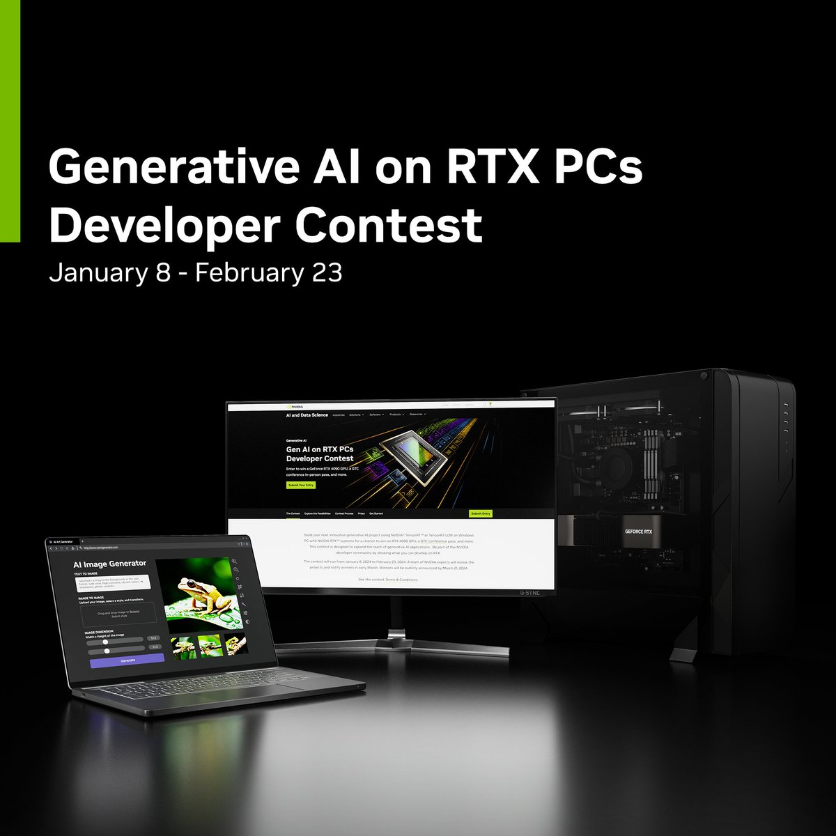 NVIDIAAIDev's tweet photo. Developer contest 👀 Build innovative #generativeAI projects on Windows PC with RTX systems for a chance to win an RTX 4090 GPU, full GTC pass, and more. #GenAIonRTX

⚡ Accelerate your project with TensorRT or TensorRT-LLM.

⏱️ Enter by Feb. 23: https://t.co/baneZVGzXd https://t.co/fAvCcK4mqT