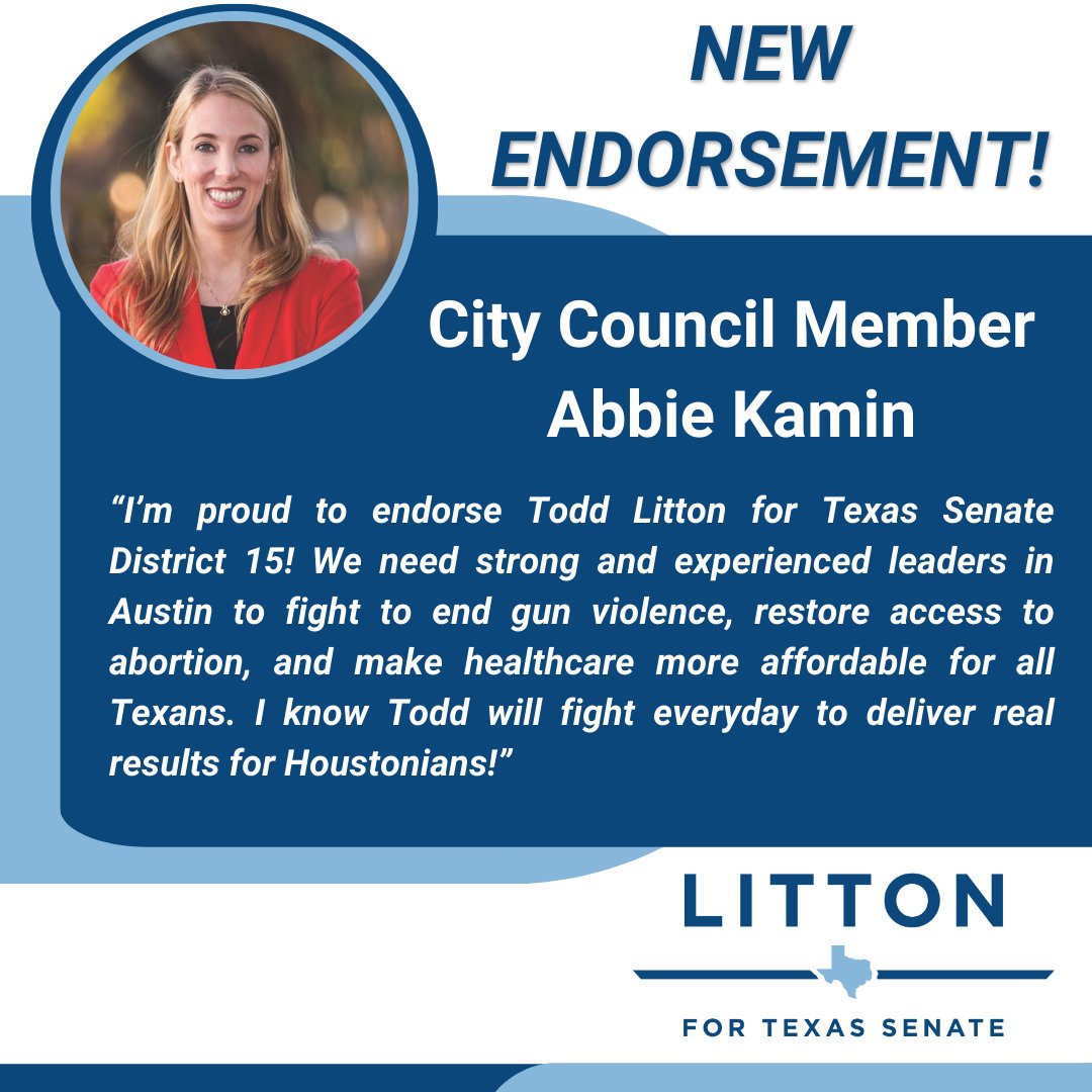 🚨 Big news! 🚨 I'm thrilled to have earned the endorsement of @AbbieKamin! #txlege