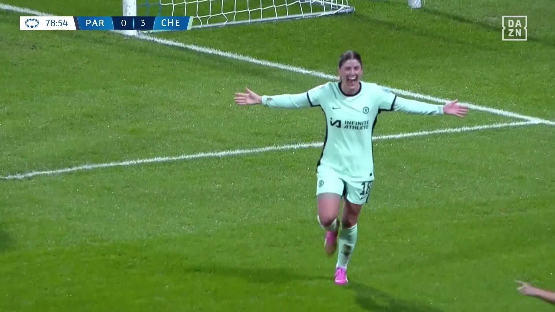 IT'S A FOURTH FOR CHELSEA... Maren Mjelde with the goal. ⚡️Watch the UWCL LIVE for FREE on DAZN 👉  #UWCLonDAZN