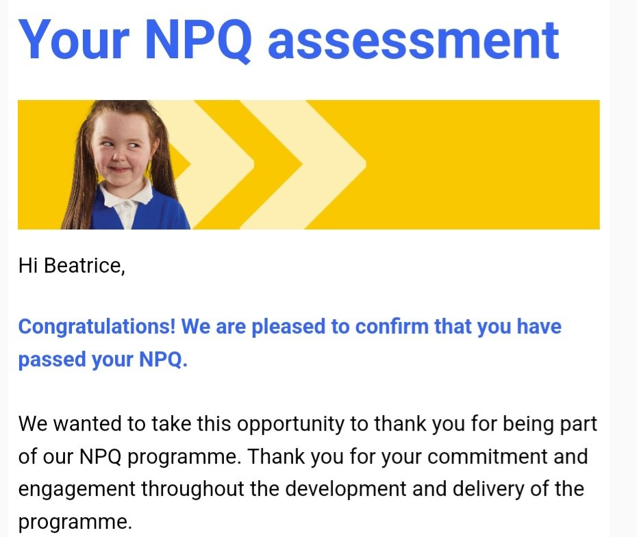 Finally confirmed! NPQLT passed 🎉 <a href="/TeachFirst/">Teach First</a> <a href="/LeLTSH/">Leicester & Leicestershire Teaching School Hub</a> Bring on the start of the  NPQSL next month. Got to keep the brain active during maternity!
