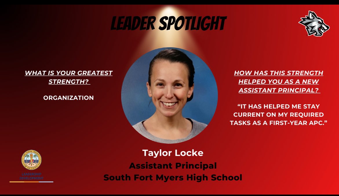 📣Leadership Development is excited to spotlight one of our first-year assistant principals! Taylor Locke is the APC <a href="/SouthFMHS/">PowerfulSouthFamily</a>. Thank you for being a leader for students and teachers in Lee County. We can't wait to see all the amazing things you will accomplish 🐺🌟 <a href="/LeeSchools/">School District of Lee County</a>