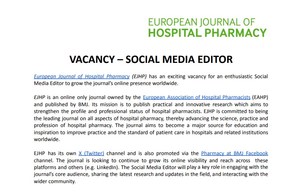EJHP_BMJ's tweet photo. ⭐ EXCITING VACANCY - SOCIAL MEDIA EDITOR for #EJHP ⭐
📌play a key role in engaging with the core audience
📌sharing the latest research and updates in the field
📌 interacting with the wider community
📅 Deadline 4 March 2024  
Contact: calder@bmj.com
https://t.co/ZuboQWTrI7 https://t.co/BPOFakOlgN