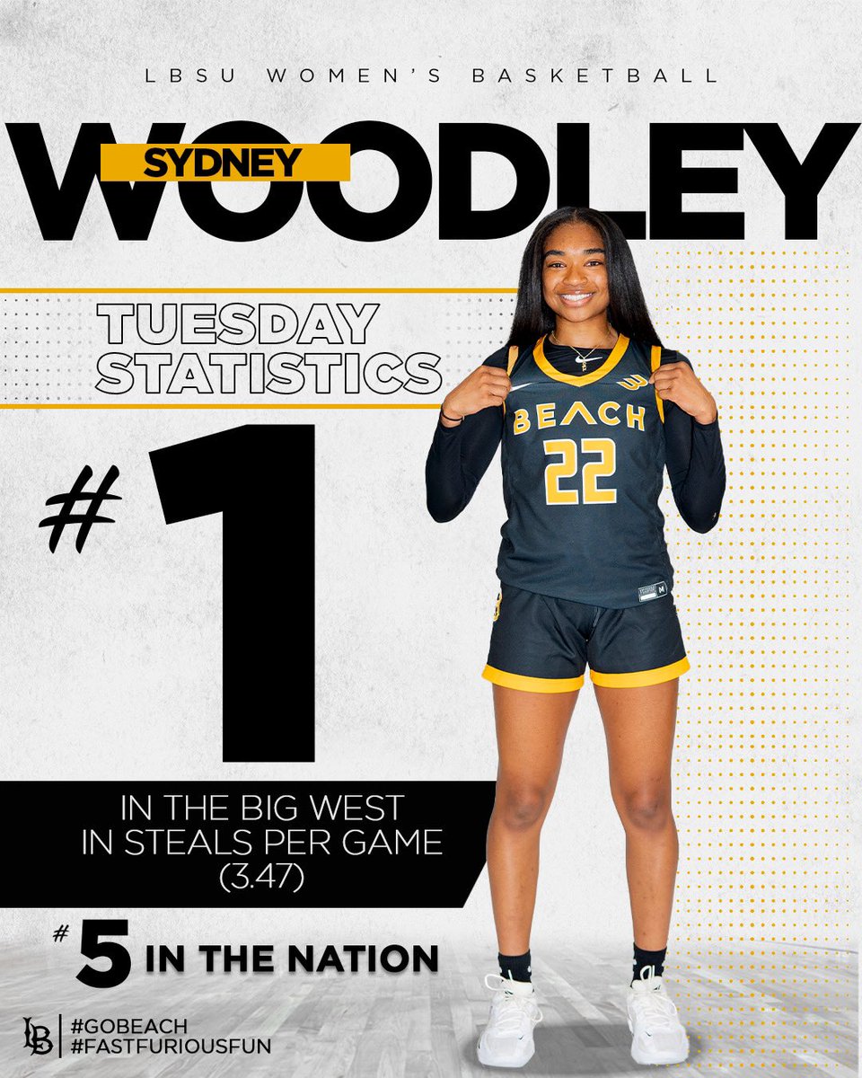 LBSUWBB's tweet photo. ๐จOur very own Sydney Woodley is #1 in the Big West and #5 in the Nation for Steals per Game (3.47)!!๐๐จ
#TuesdayStats #FastFuriousFun #GoBeach https://t.co/YolGCsn8tc