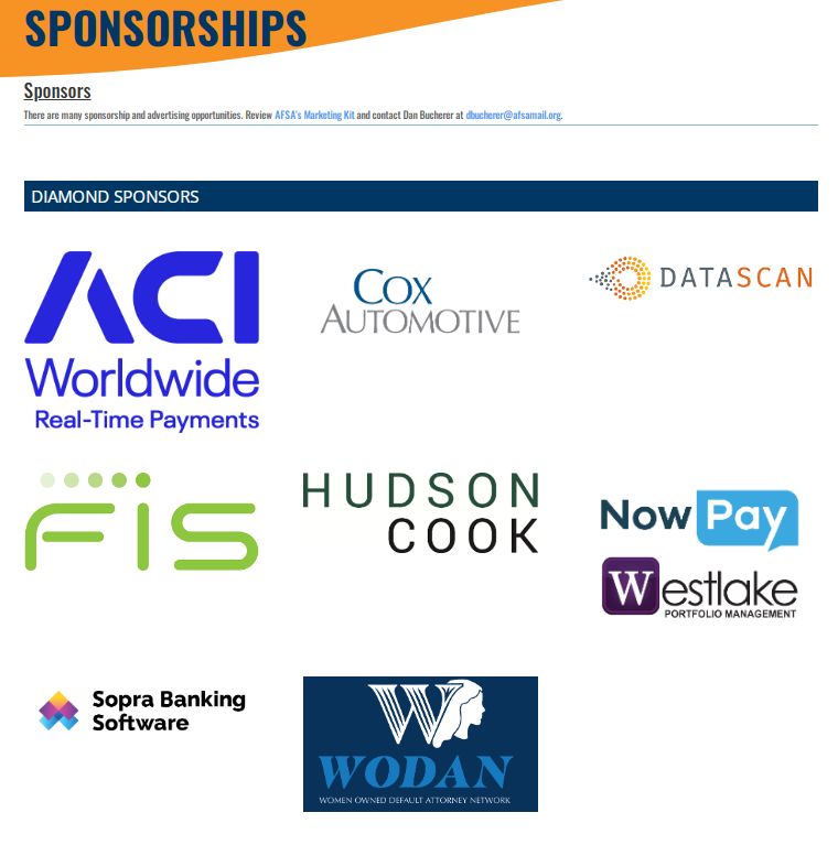 <a href="/hudsoncookllp/">Hudson Cook, LLP</a> is a proud sponsor of the <a href="/AFSA_DC/">AFSA</a> 
Vehicle Finance Conference and Expo this week in Las Vegas, along with our fellow Diamond Sponsors. Stop by for a "Hudson Cookie" at the Hudson Cook Lounge and the CounselorLibrary.com LLC booth 23.