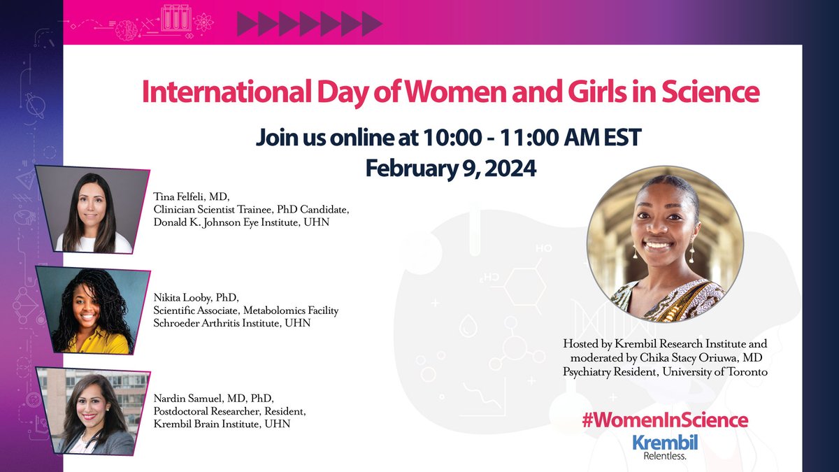 Attention all students &amp; teachers! Don’t miss Krembil’s upcoming #IDWGS2024 event on Feb 9th. 

To register: bit.ly/49gECOe

<a href="/DKJEI_UHN/">Donald K. Johnson Eye Institute</a>’s Dr. Tina Felfeli will be featured along with <a href="/KBI_UHN/">Krembil Brain Institute</a>’s Dr. Nardin Samuel &amp; <a href="/SchroederInst/">Schroeder Arthritis Institute</a>’s Dr. Nikita Looby.

#womeninscience