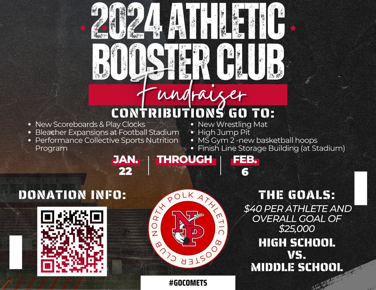 northpolkcomets's tweet photo. We still have a week left of the Athletic Booster Club Fundraiser! We appreciate all that have donated already! Please consider if you haven't! #GoComets https://t.co/pYLmUbSGm5