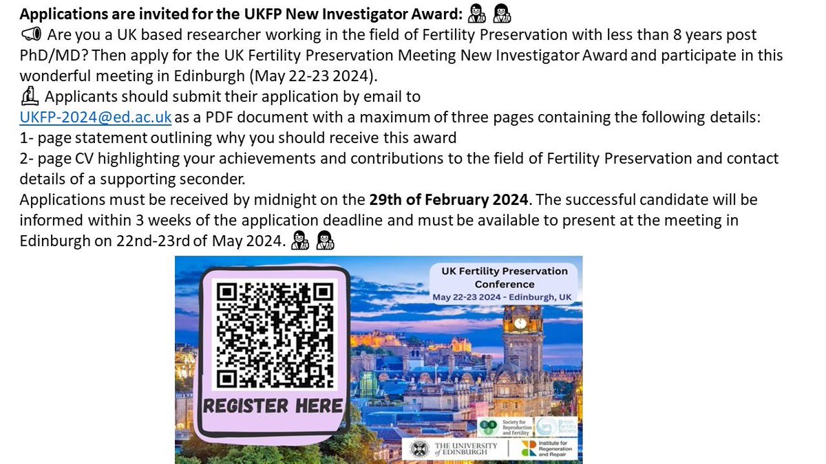 Applications are now open for the UK Fertility Preservation New Investigator Award. Don’t miss out! @edinfertility @EdinUni_CRH @SRF_Repro @BritFertSoc