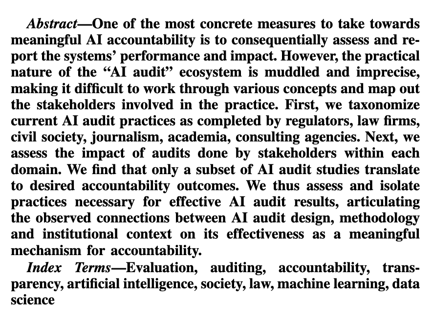 New paper from @ryanbsteed, @OjewaleV, @brianavecchione, @rajiinio & I. 'AI auditing: The Broken Bus on the Road to AI Accountability' arxiv.org/abs/2401.14462. We review & taxonomize the current audit landscape & assess impact and effectiveness. long 🧵 1/