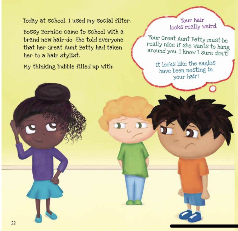 Please explain why ppl support <a href="/juliacookonline/">Julia Cook</a>? 

Ex: she makes fun of “Bossy Bernice” (1 of her few black girl characters) by saying her hair “looks like the eagles have been nesting” in it.

<a href="/BoysTownPress/">Boys Town Press</a> 

#childrensbooks
#teachers
#schoolcounselors
#DiversityAndInclusion