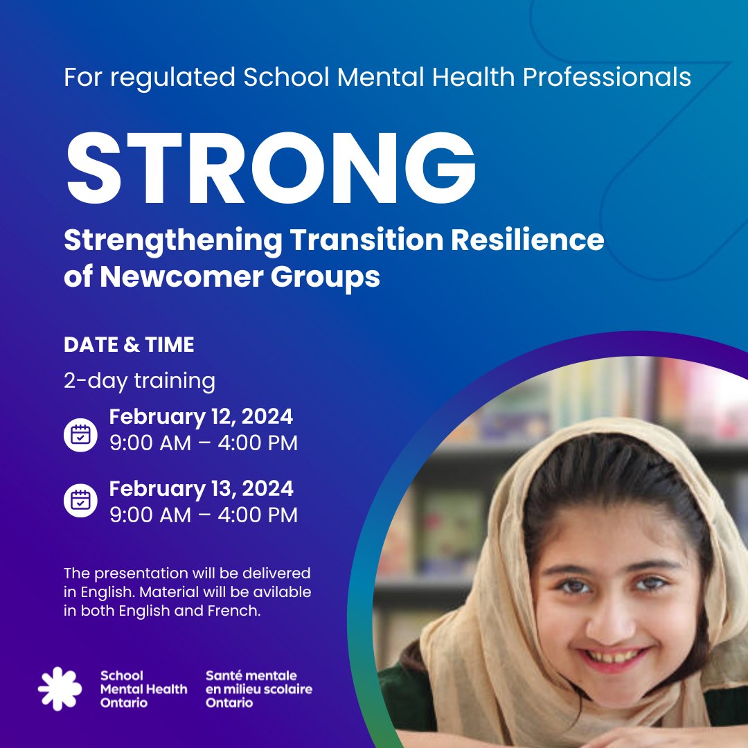 SMHO_SMSO's tweet photo. Learning Opportunity: STRONG, a 10-session, evidence-informed, school-based group intervention for newcomer youth (K-12) to support their transition in Canada. School MH Professionals, reach out to your MHL to register.
Event details can be found here: https://t.co/6nUjVFWT4d https://t.co/z3BCIweccS