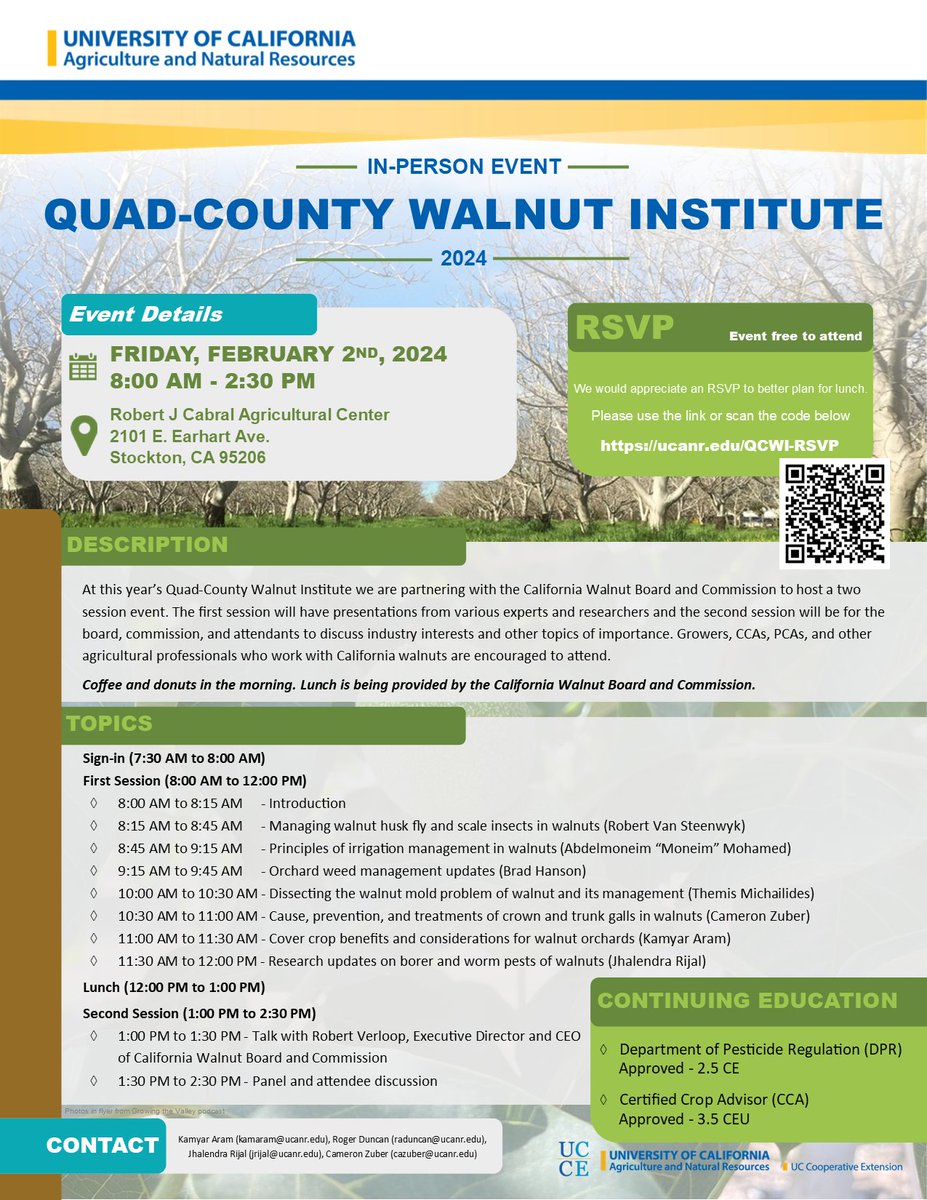 The UCCE-Quad County Walnut meeting is this Friday, February 2, at the Ag Center in Stockton. See the agenda below. Please RSVP using this link: lnkd.in/g6RY8Cpz <a href="/grow_the_valley/">growingthevalley</a> <a href="/ucanr/">Ag&Natural Resources</a> <a href="/UCEastBayCrops/">Kamyar Aram</a> <a href="/CaWalnuts/">California Walnuts</a> <a href="/UCCEStanislaus/">UCCE Stanislaus County</a>