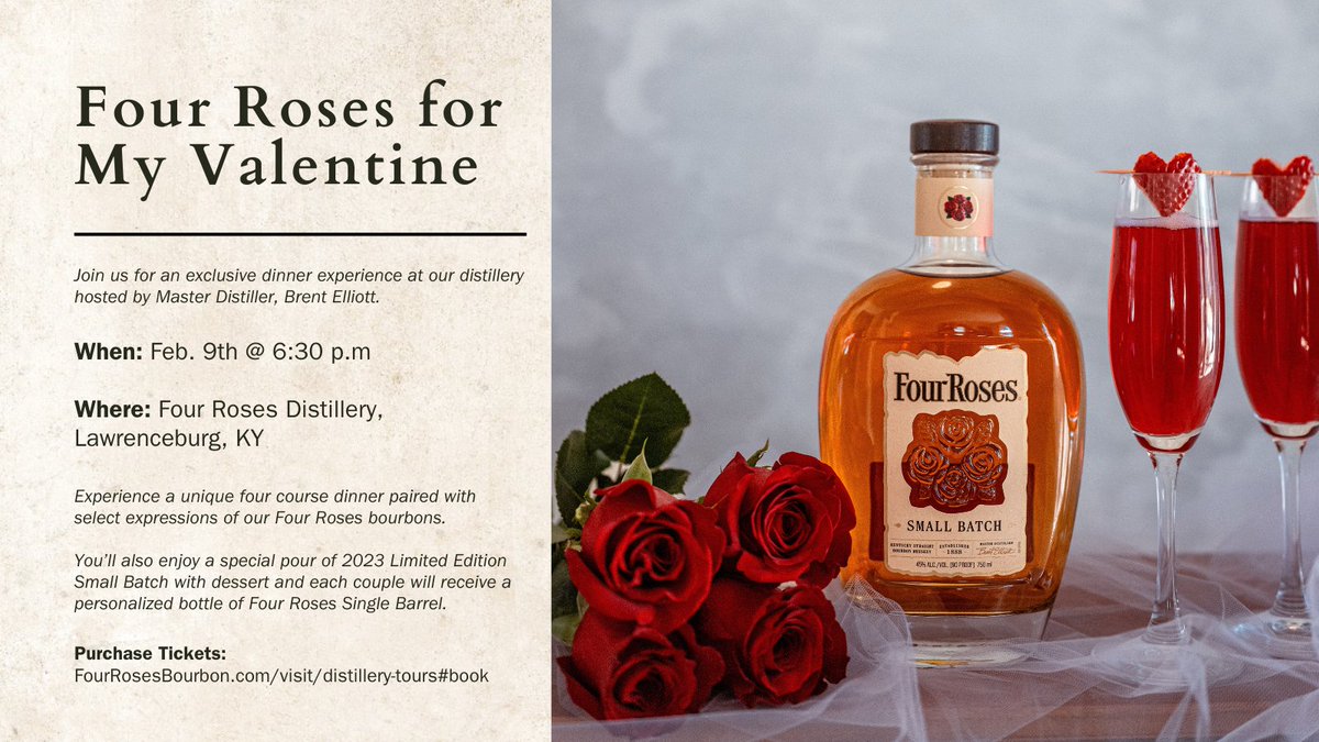 Treat your #bourbon loving #valentine to a one of a kind experience. Join us for an exclusive dinner hosted by Master Distiller, Brent Elliott Feb. 9th at our distillery. Purchase your tickets here: bit.ly/49g1ux2 #valentinesday #FourRosesBourbon