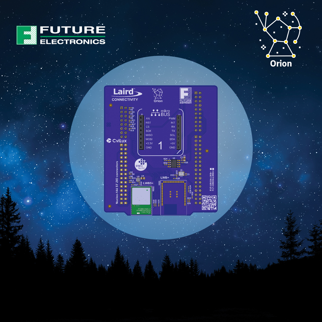 Developed in collaboration with <a href="/FutureElec/">Future Electronics</a>, the Orion development boards showcase our Sterling™-LWB+ (Infineon CYW43439) and Sterling-LWB5+ (Infineon CYW4373E) embedded Wi-Fi modules. Both boards support <a href="/ST_World/">STMicroelectronics</a> Nucleo-144 adaptor for easy evaluation with STM32 MCUs and