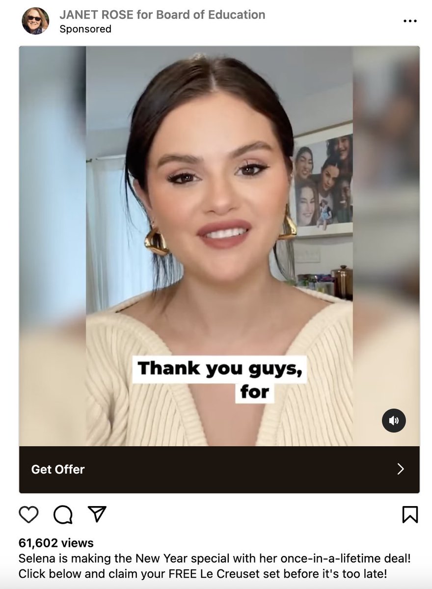 issielapowsky's tweet image. These AI-generated Le Creuset giveaway scams are still making the rounds, despite widespread coverage. nytimes.com/2024/01/09/tec…
Just got this Selena Gomez one run by what seems to be a hijacked account for a school board candidate