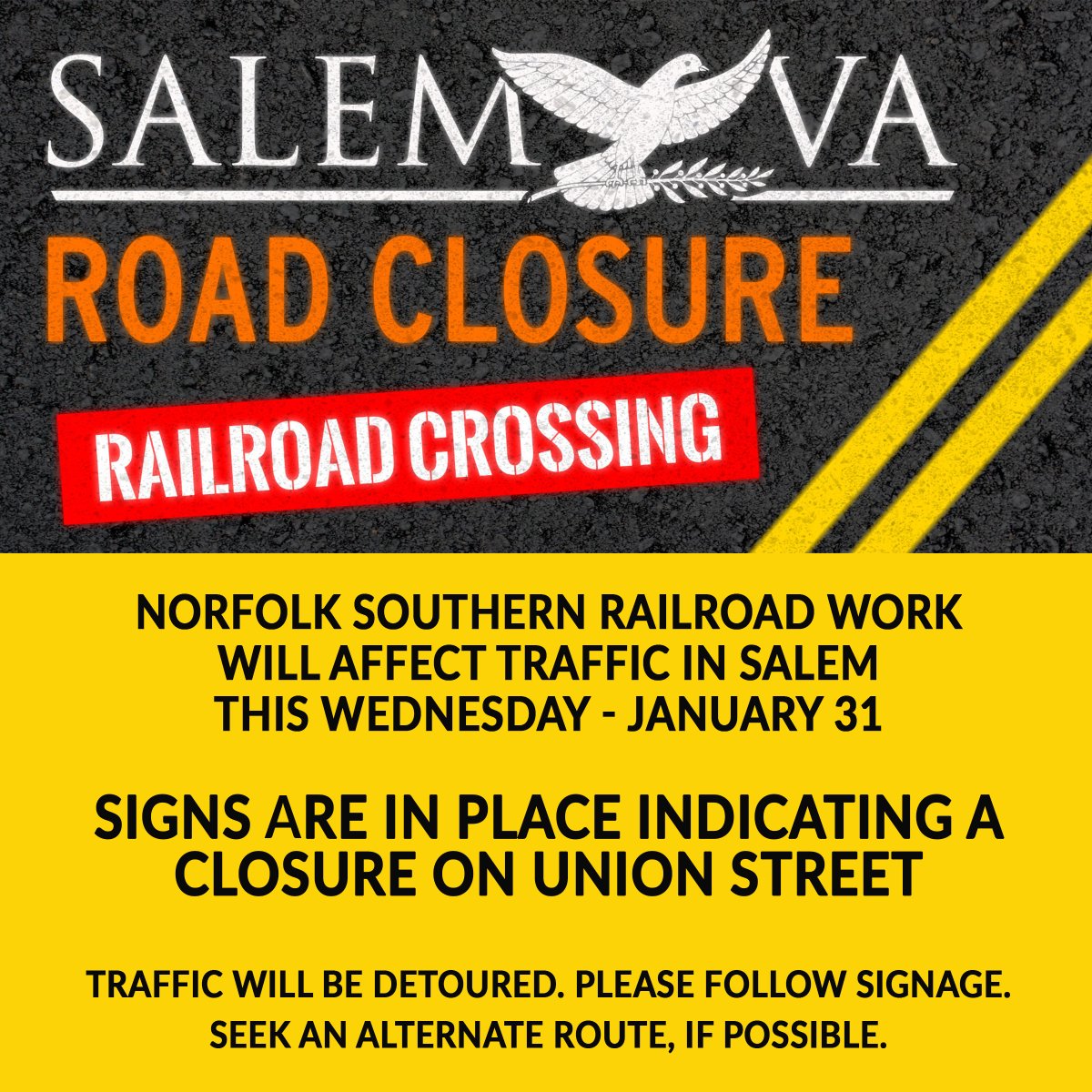 Norfolk Southern is scheduled to close the Union Street Crossing in #SalemVA from 6 a.m. to 6 p.m. on Wednesday for maintenance work on the tracks. Please take note and avoid the area if possible.