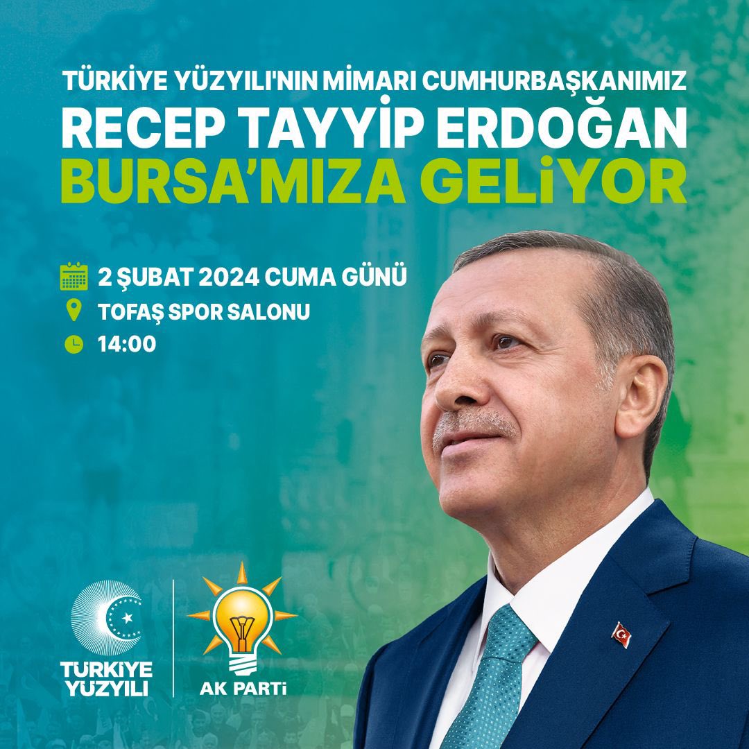 Türkiye Yüzyılı'nın mimarı, Liderimiz Cumhurbaşkanımız Sn. Recep Tayyip Erdoğan Bursa'mıza geliyor! 

🗓️ 2 Şubat 2024 Cuma 
🕑 14:00
📍 Tofaş Spor Salonu

#MilletinAdamıBursada #HazırızKararlıyız
