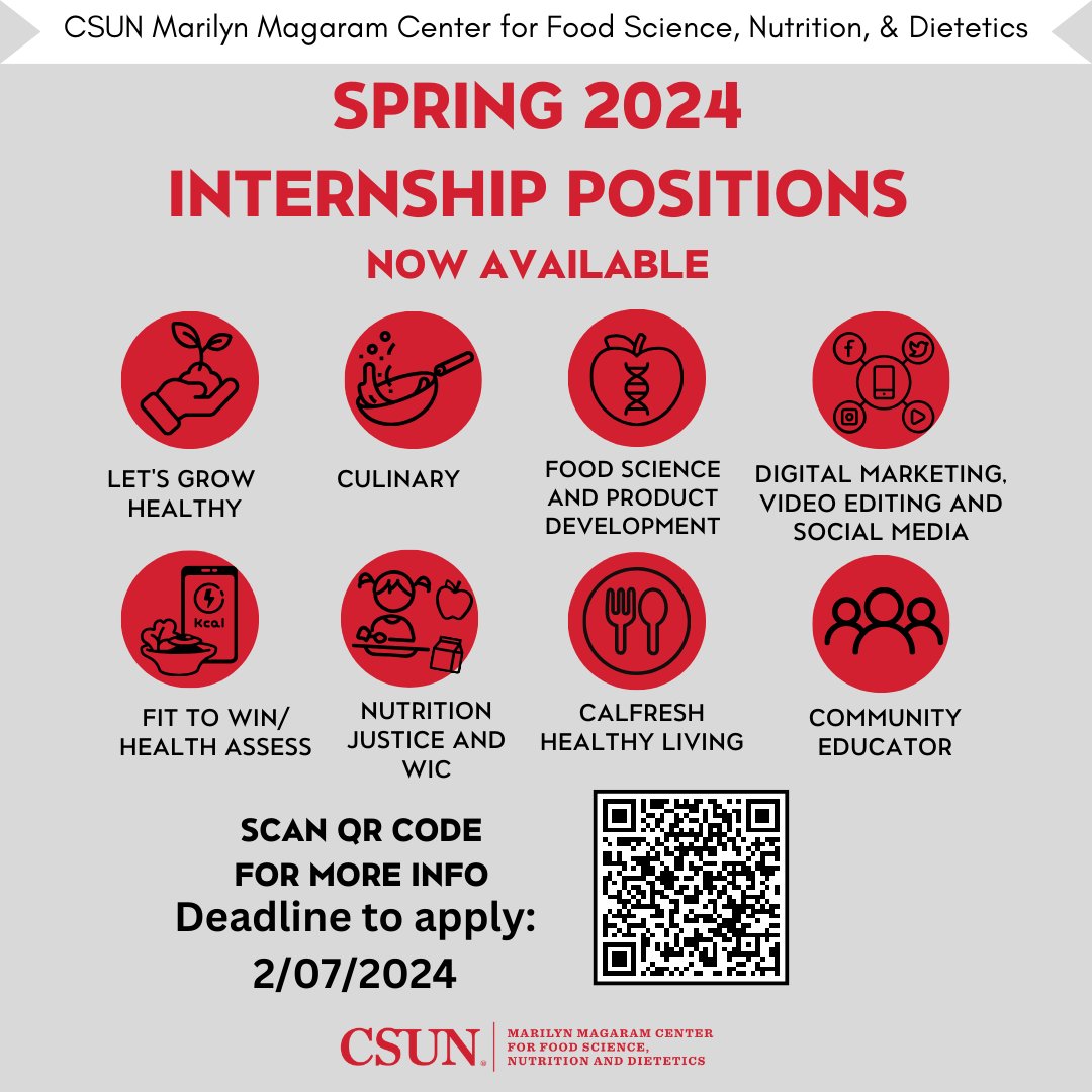 The Marilyn Magaram Center (MMC) for Food Science, Nutrition, and Dietetics Internship Program applications are now OPEN for Spring 2024. The application and internship information can be found on our website using this link csun.edu/marilyn-magara…