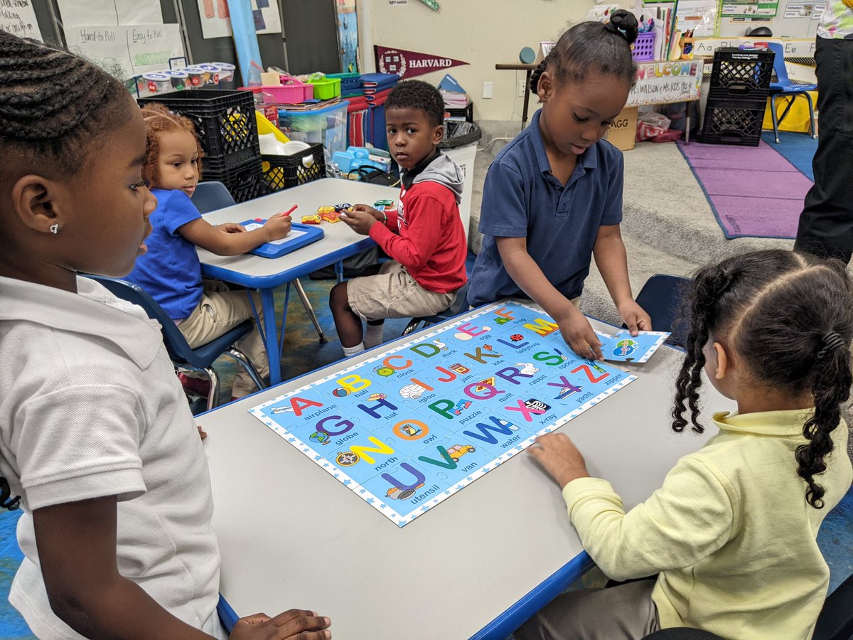 Pre-K pals in Ms. Watson and Ms. Brown's classroom at the Ivy League Child Care Center/PreK Partnership School teamed up to conquer an alphabet puzzle! The friends sang the alphabet song to help each other remember the next letter in sequence.🧩👫 #CooperativePlay #DallasISDPreK