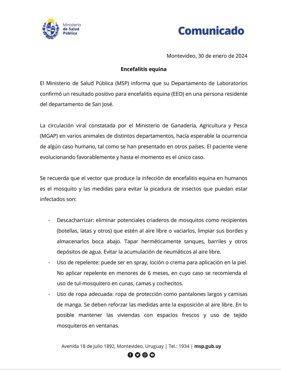 Casos humanos de Encefalite Equina do Oeste (ou Ocidental) na Argentina e no Uruguai. Argentina já contabiliza 5 óbitos