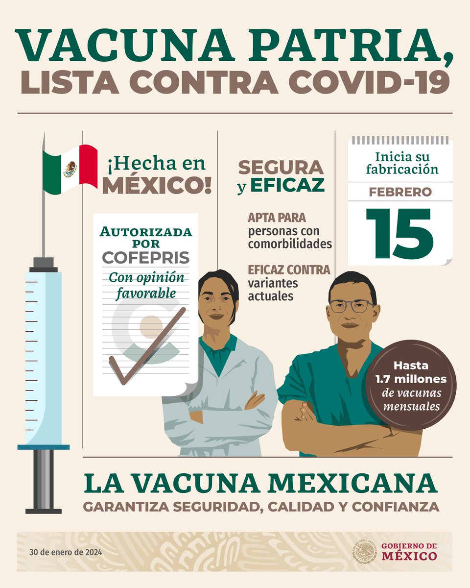 GobiernoMX's tweet photo. La vacuna Patria está lista para hacer frente al COVID19.

¡Hecha en México! Es apta para personas con comorbilidades y eficaz contra las variantes actuales.

Garantiza seguridad, calidad y confianza. https://t.co/6phNzjYGRR