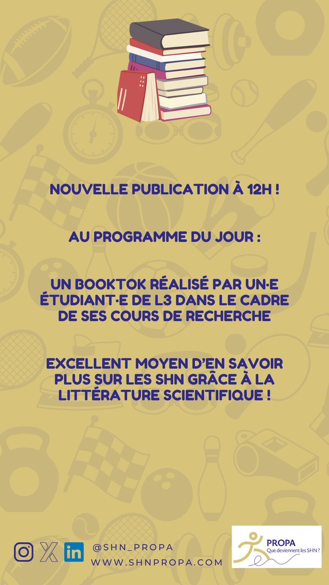 📚 Le projet ANR PROPA participe aussi à la formation à la recherche par la recherche !

⏰ Aujourd'hui, rendez-vous à 12h pour découvrir un #Booktok !

💙 N'hésitez pas à nous suivre sur nos différents réseaux, à aimer, commenter et partager.

#Sport #HautNiveau #Recherche #JO