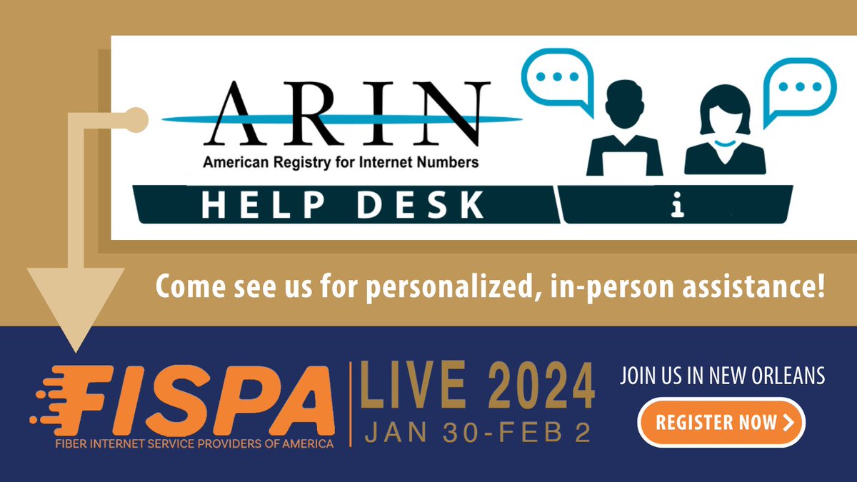 TeamARIN's tweet photo. We're excited to be in #NewOrleans at @FISPALive as #MardiGras rolls around! Find us through Friday at our Help Desk, where we'll answer your ARIN-related questions, chat about #IPv6, #IPv4, #RPKI, and more
ℹ️ https://t.co/K29HJJDwmx #serviceprovider #ISP #FISPA #FISPALive #NOLA https://t.co/xUKIg6iOz8