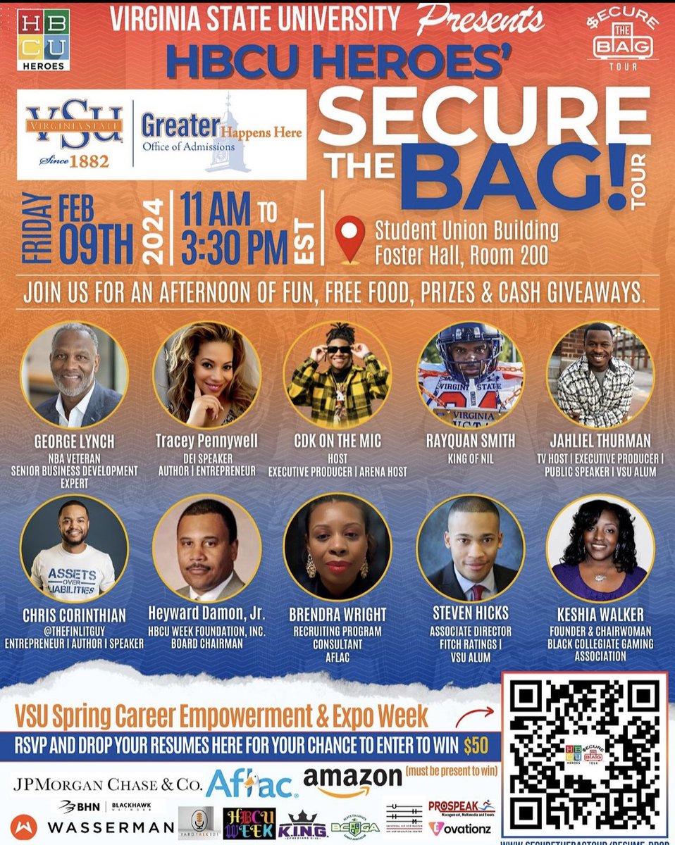 🔒 Exciting news! Secure the Bag Tour hits Virginia State on Feb 9, 2024, 11am-3:30pm at Student Union Building, Foster Hall, Room 200. Free event with a chance to win $50! 💼 Explore job opportunities, internships, and enjoy delicious food. Don’t miss out! #SecureTheBagTour #nil