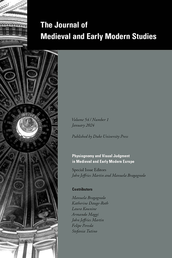 "Physiognomy and Visual Judgment in Medieval and Early Modern Europe," an issue of the Journal of Medieval and Early Modern Studies (54:1) is now online! Check out the TOC &amp; read the intro by editors John Jeffries Martin &amp; Manuela Bragagnolo for free: ow.ly/2hIe50Qvx9h