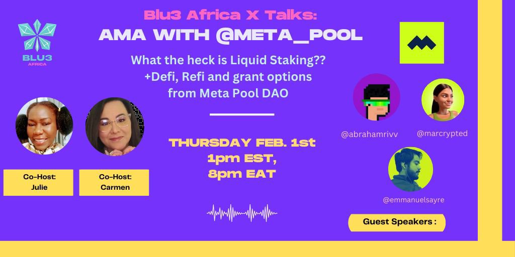 Gm, we're excited to partner with @Blu3Africa for an AMA about <a href="/meta_pool/">Meta Pool</a>! 

Thursday February 1st at 1pm EST.
 Don’t Miss out!!  🩵

x.com/Blu3Africa/sta…