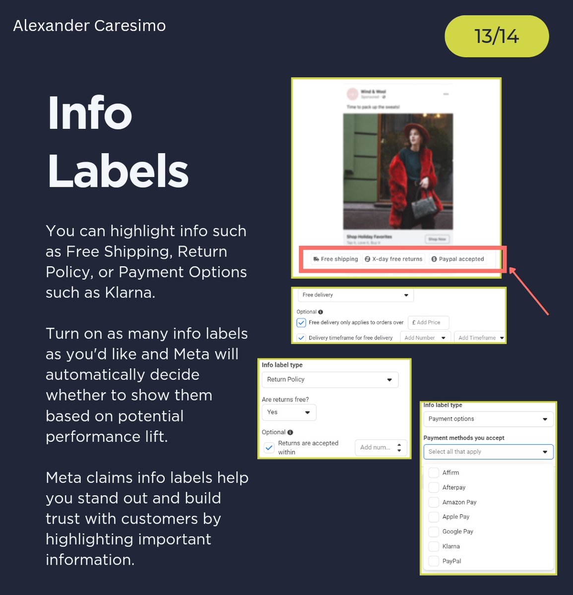 alexcaresimo's tweet photo. 1️⃣3️⃣ Info Labels: Highlight important info under your ads such as Free Shipping, Return Policy, or Payment Options like  Klarna. https://t.co/zfHHPRQS07
