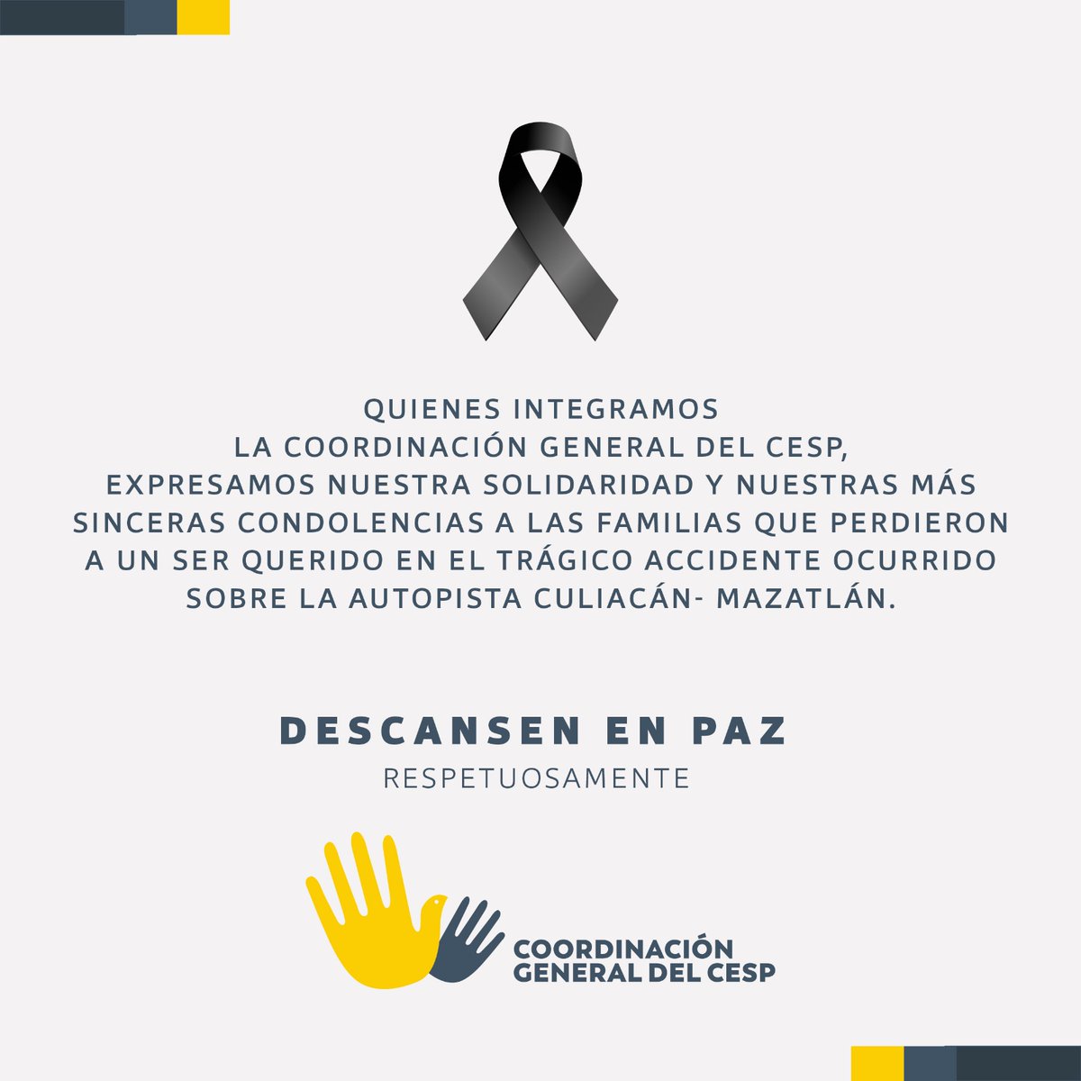 CGCesp's tweet photo. Desde la Coordinación General del Consejo Estatal de Seguridad Pública expresamos nuestro pesar por las víctimas de esté trágico accidente, así como nuestra solidaridad con las personas sobrevivientes y las familias que perdieron a un ser querido 🕊️

Respetuosamente 
CG CESP https://t.co/zJO1EA12tw
