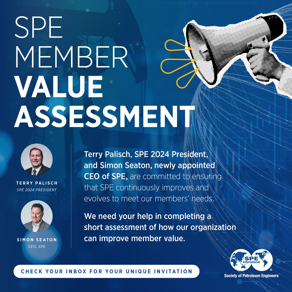 📢 SPE Members! We need your voice as we continue to refine our strategic plan and sharpen our member focus.
Check your inbox for a unique survey invitation from info@ccubesstrategy.com, and let's build a shared vision together.