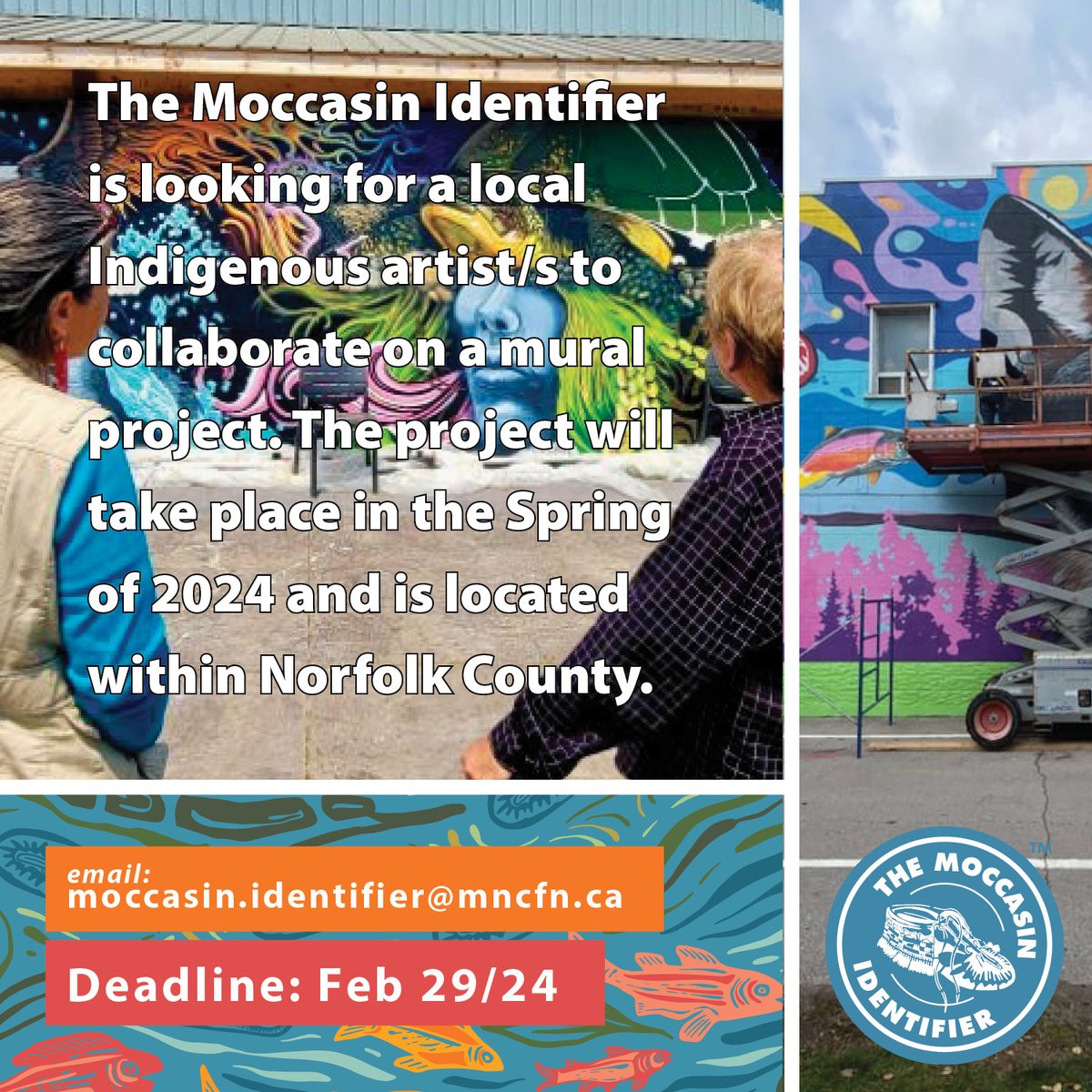 Calling all Indigenous artists for a mural collaboration! Join the Moccasin Identifier project in Norfolk County this Spring 2024. Email moccasin.identifier@mncfn.ca by Feb 29, 2024. #Murals #IndigenousArtists #CommunityArt @LPWBR