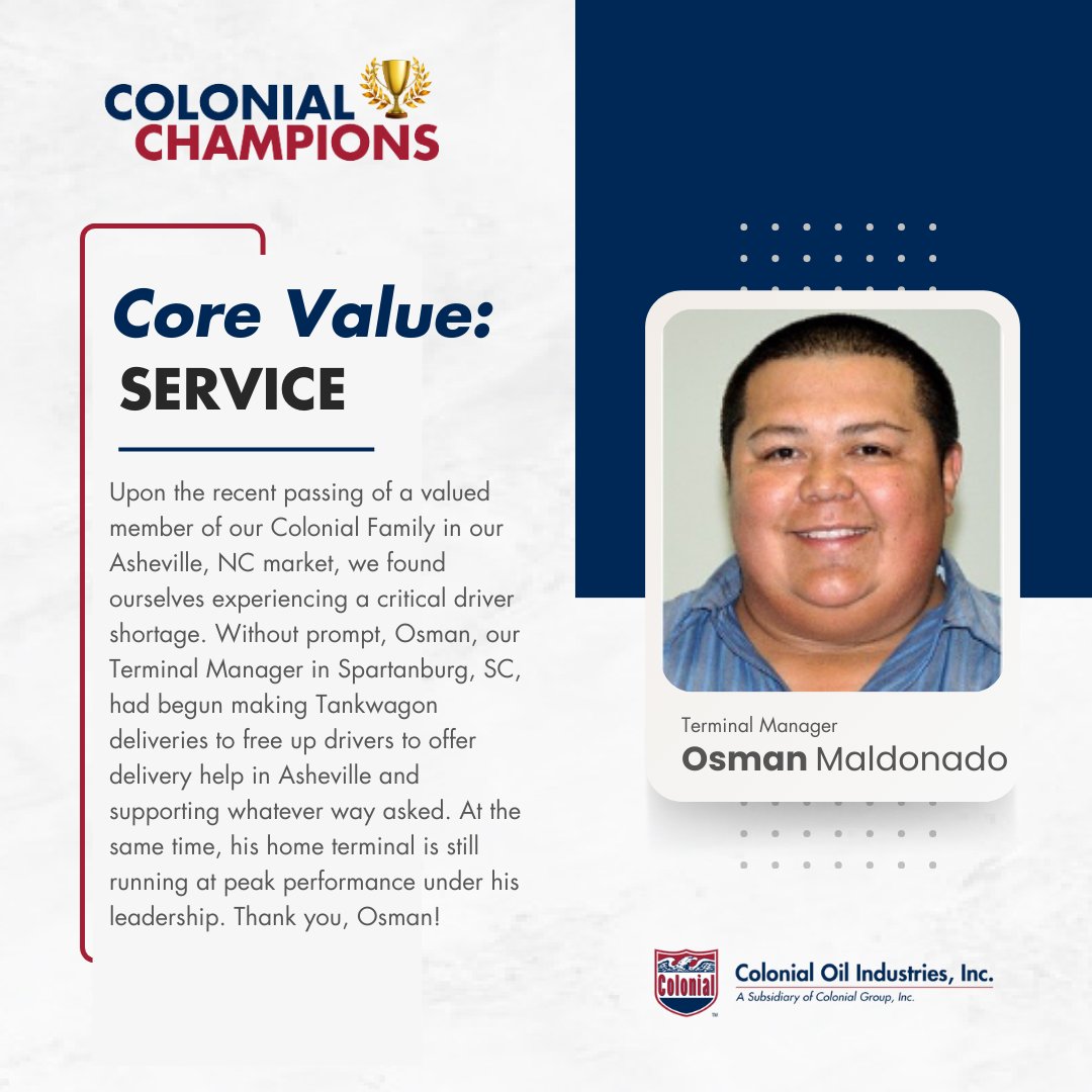 ColonialOilInd's tweet photo. Join us as we recognize last quarters Colonial Champions from COI! The Colonial Champions program is a special way for colleagues to recognize extraordinary people doing extraordinary work. 🎉

#ColonialChampions #employeeappreciation #employerofchoice https://t.co/jZUmhQy7HE