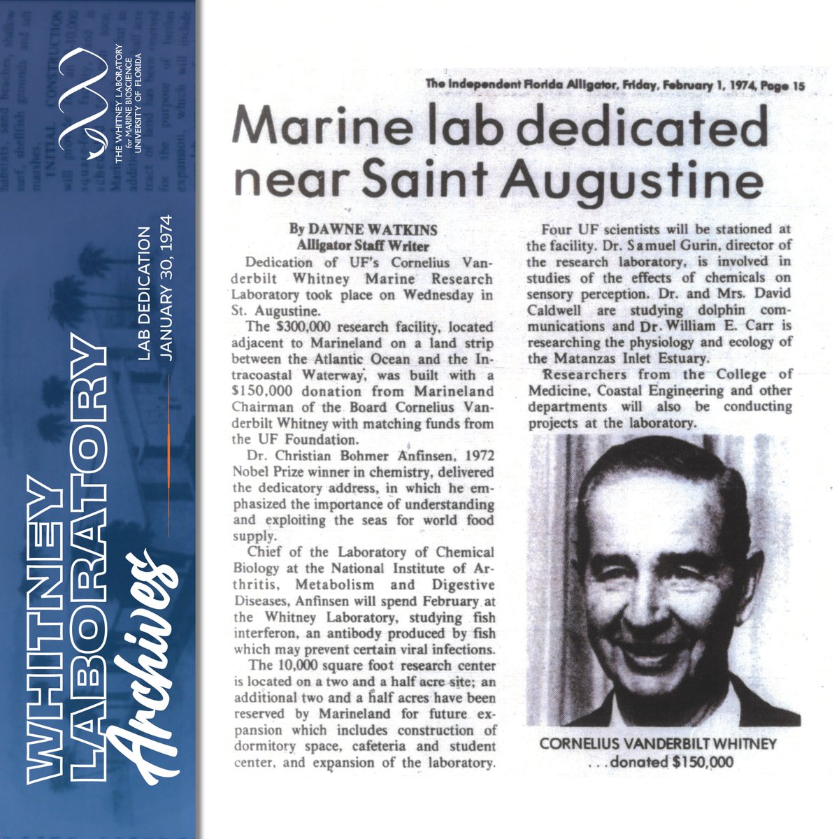 #OnThisDay 50 YEARS AGO the #UF Whitney Laboratory (originally named the 'Cornelius Vanderbilt Whitney Marine Research Laboratory') was dedicated. Join us this year in celebrating Five Decades of Discovery! 🎉 How it all began 👇whitney.ufl.edu/articles/whitn…