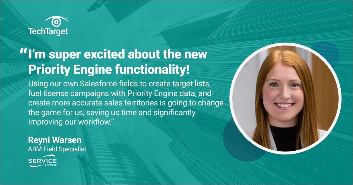 InformaTTGT's tweet image. Discover how Reyni Warsen from Service Express leverages TechTarget Priority Engine™ to unleash the full potential of intent data 📈💡
Speak with our experts today to optimize your data effectiveness and accuracy: bit.ly/459ROCm
#PriorityEngine #DataOptimization