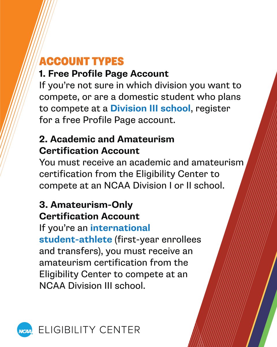 You must register for an <a href="/ncaaec/">NCAA Eligibility Center</a> certification account before you:
✅ Go on an <a href="/NCAA/">NCAA</a> Division I #officialvisit.
✅ Sign a valid #NLI.
✅ Receive an athletics scholarship.
✅ Compete at a Division I or II school.

🔗 on.ncaa.com/EC