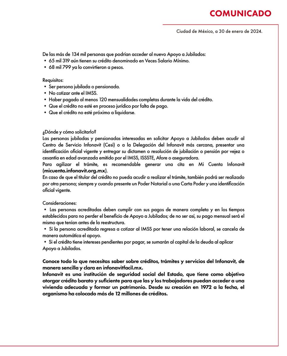 Infonavit's tweet photo. Si ya te pensionaste y tienes un Crédito Infonavit vigente, con Apoyo a Jubilados reduciremos el monto de tu mensualidad para que tu pago no sea mayor al 25% de tu pensión. Con este programa buscamos apoyar a más de 134 mil personas. Conoce todos los detalles aquí 📷 https://t.co/aGUwntXlqS