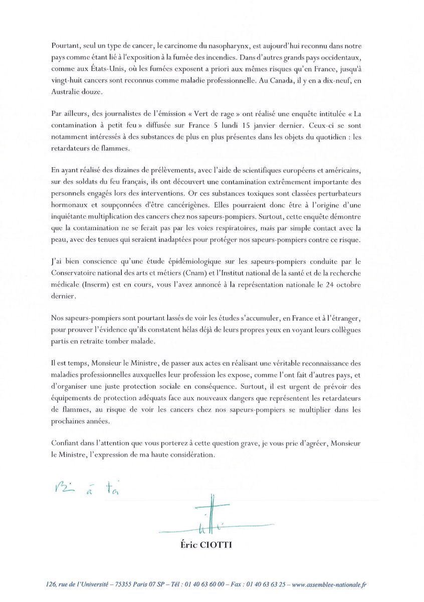 eciotti's tweet photo. Alerté par les pompiers de mon département, je demande au ministre de l’Intérieur une véritable reconnaissance des maladies professionnelles liées à la profession de sapeur-pompier.

L’exposition à des substances chimiques inhérentes aux missions qu’ils effectuent augmente les risques de contracter des cancers.