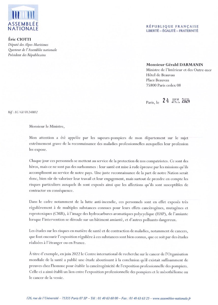eciotti's tweet photo. Alerté par les pompiers de mon département, je demande au ministre de l’Intérieur une véritable reconnaissance des maladies professionnelles liées à la profession de sapeur-pompier.

L’exposition à des substances chimiques inhérentes aux missions qu’ils effectuent augmente les risques de contracter des cancers.