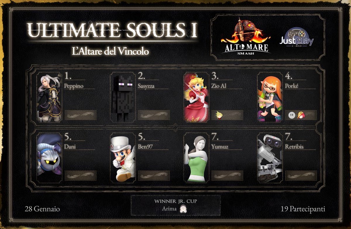 Ultimate Souls I - L'Altare del Vincolo. [19 Entrants/Palermo]
Congratulations to <a href="/PeppinoSSBU/">Peppino</a>, winning the tournament 3-1 against <a href="/Sasyzza/">Sasy</a>!

Bracket: start.gg/tournament/ult…