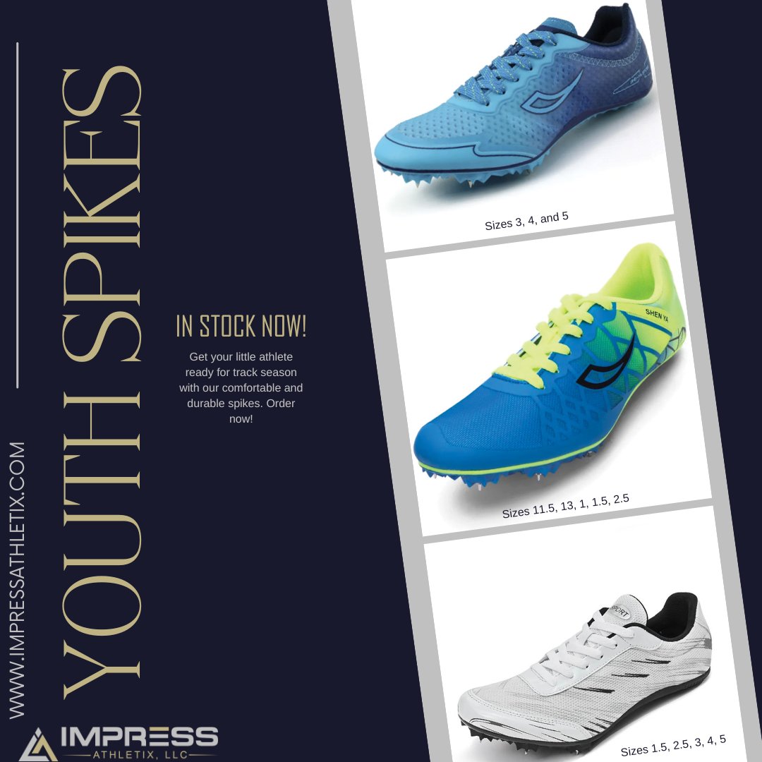 impressathletix's tweet photo. Check out our new stock of kids track and field spikes starting at $45.99.  Get your little athletes ready for track season. Shop online at https://t.co/opoH1GAMEL #youthtrack #trackspikes #track https://t.co/mBFSx1ZrWo