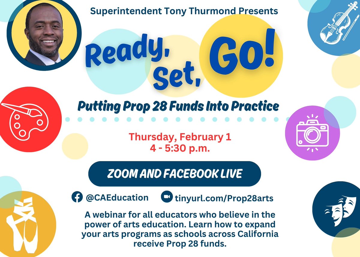Calling all educators who are ready to expand arts education for CA’s students! Join Supt. <a href="/TonyThurmond/">Tony Thurmond</a> and CDE to learn important information about how and when Prop 28 funds will be available and how they can be used.

Register today at tinyurl.com/Prop28arts