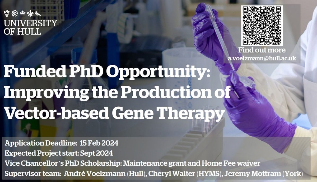 🚨FULLY FUNDED PHD OPPORTUNITY: Are you interested in exciting research on virus-host cell interaction in the context of Gene Therapy manufacturing?🔬🧫💉 Then consider this #phdposition @UniOfHull with Dr Andre Voelzmann, @CherylWalter15 and @Mottram_group Link below 👇