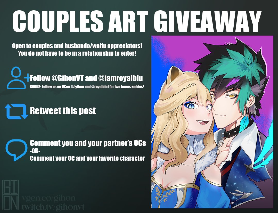 GihonVT's tweet image. ART RAFFLE 2 OF 12: COUPLES EDITION

Valentines Day is coming up! Celebrate by winning free art of you and your significant other, best friend, or even just your favorite character.

Winner announced: 2/14/24💜

💜Follow me and @IAmRoyalBlu 
💜Retweet
💜Comment your OCs