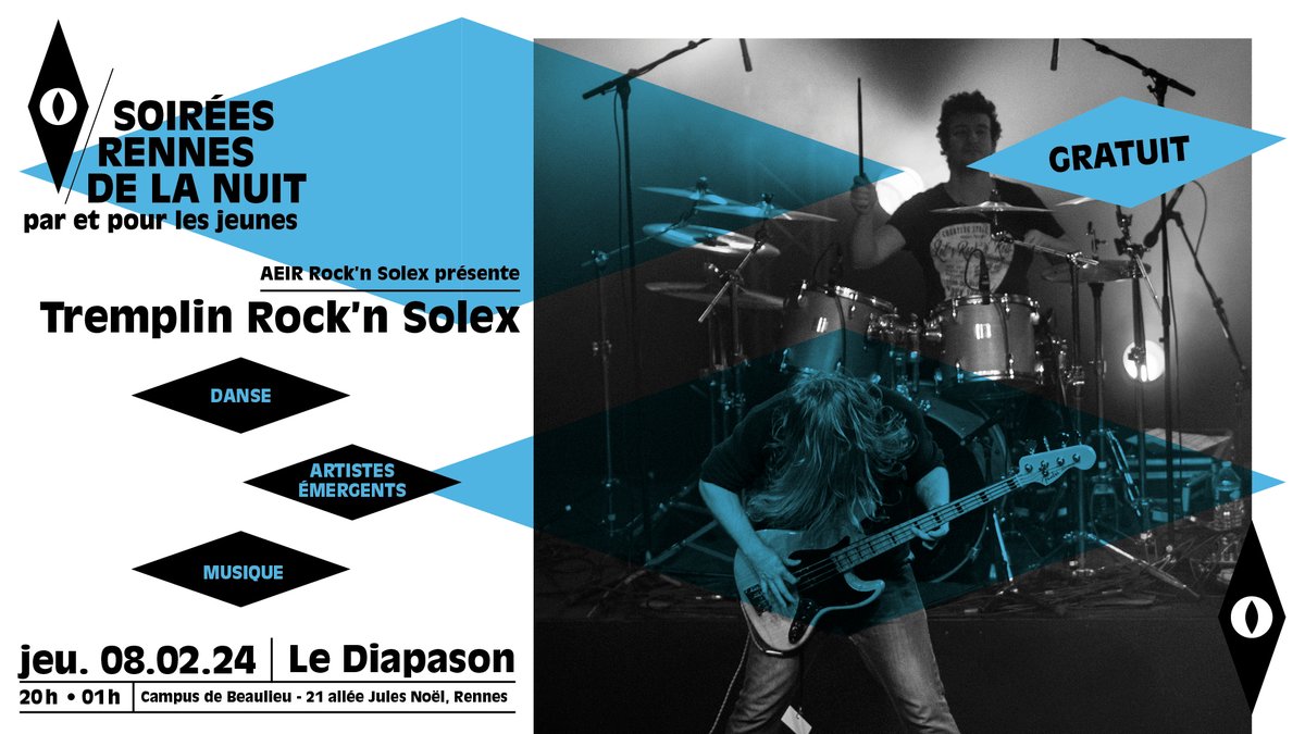 Le Rock’n Solex vous donne rendez vous le jeudi 8 février pour son Tremplin ! Organisé en partenariat avec Rennes de la Nuit, l’entrée est gratuite 📀
On se retrouve donc le 8 février au @diapasonrennes à 20h pour découvrir les groupes qui se produiront !