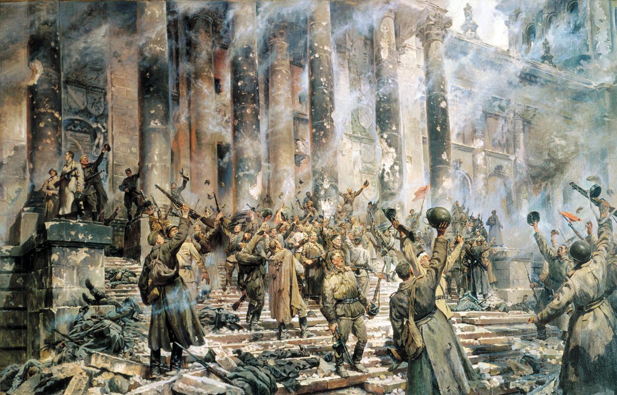 propagandopolis's tweet image. 'Victory' — Soviet painting (1948) showing the victorious Red Army celebrating outside the ruins of the Reichstag. Artist: Peter Krivonogov.