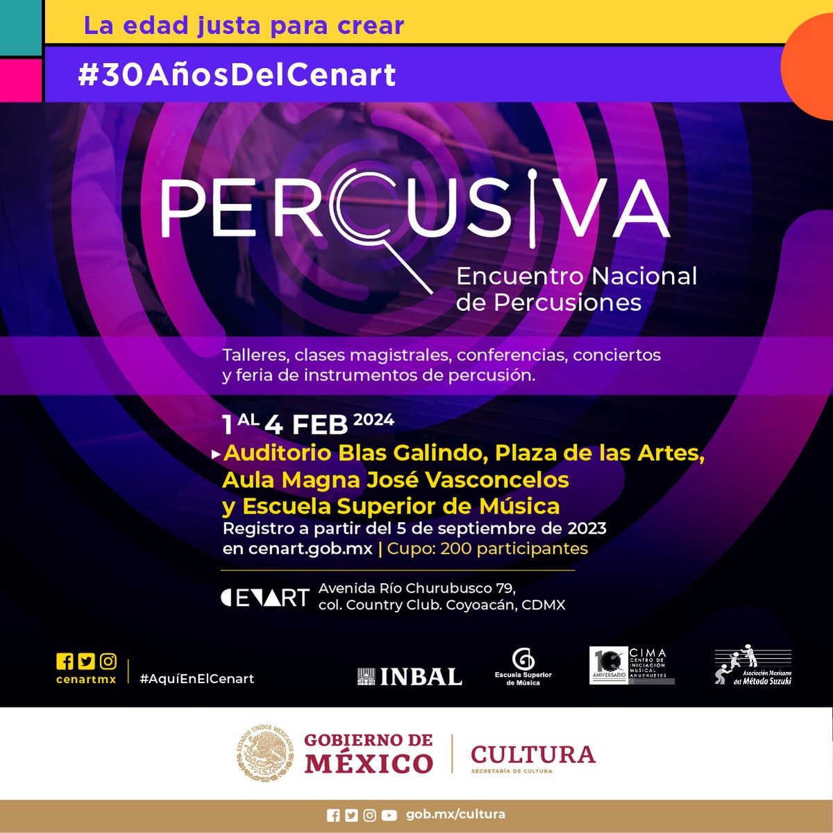 cenartmx's tweet photo. ¡Ven a sentir el poder de #Percusiva! 🥁
Para cerrar este encuentro nacional, tendremos un concierto en el Auditorio Blas Galindo este domingo 4FEB a la 1PM. #EntradaLibre https://t.co/rmZzfL62J4
