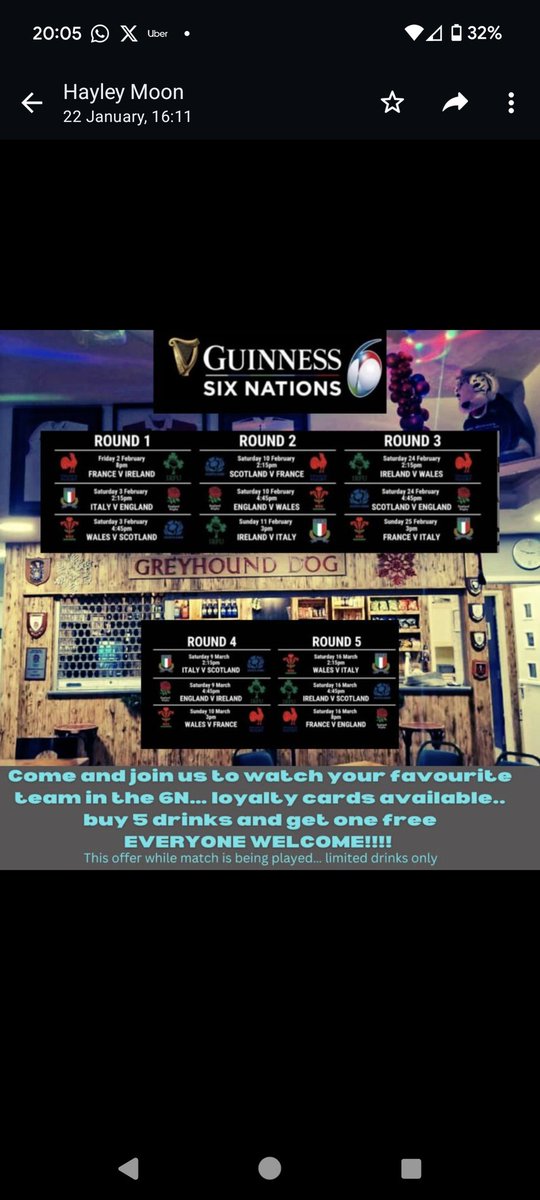Friday see the 6 Nations return and so does our drink offer
Buy 5 get one free... 
Come watch with us...