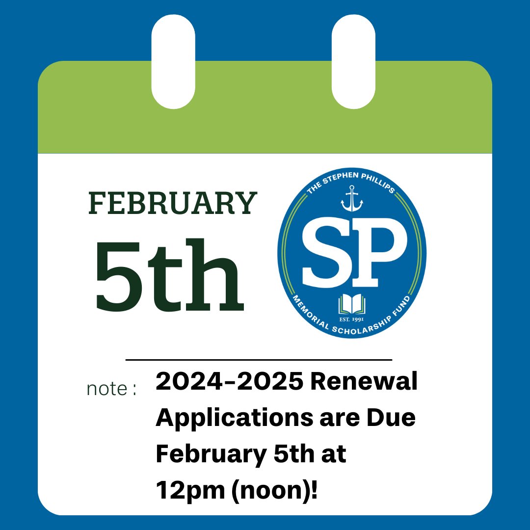 Renewal Applications for returning scholarship applicants are due soon - Monday, February 5th at 12:00pm (noon). To begin an application or return to an existing application visit, phillips-scholarship.org/apply/  Email us at staff@spscholars.org if you have any issues or questions.